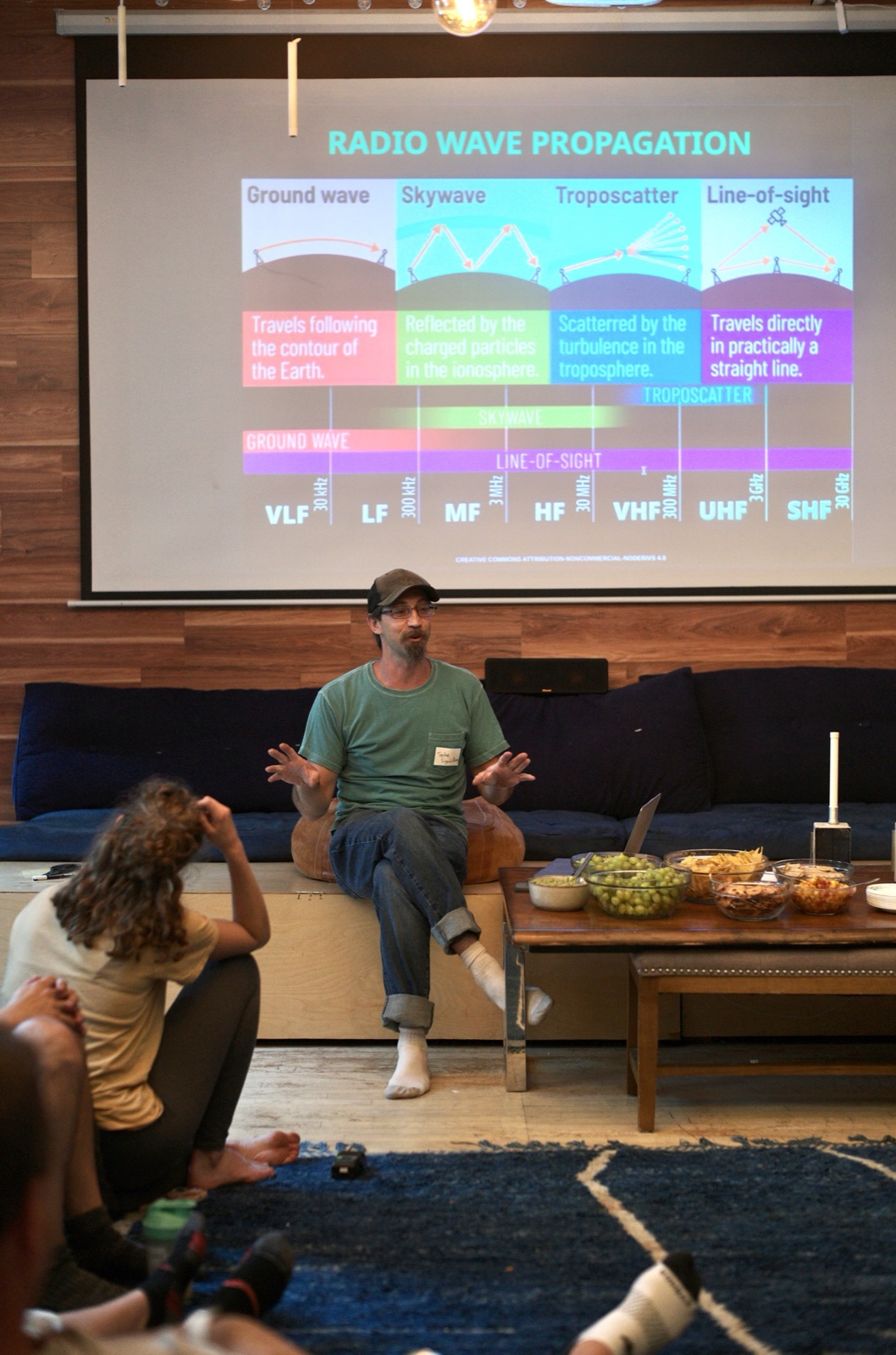 Spike from Signals Rising teaching off-grid comms from a low couch, the radio-wave-propagation slide projected on the wall behind him and bowls of food on the coffee table.