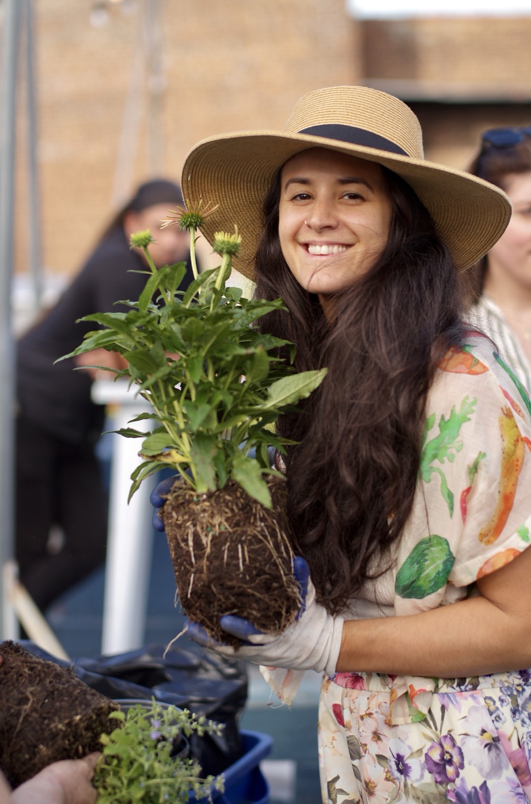 A participant grins holding up an echinacea plant, roots and all, ready to go in the ground.
