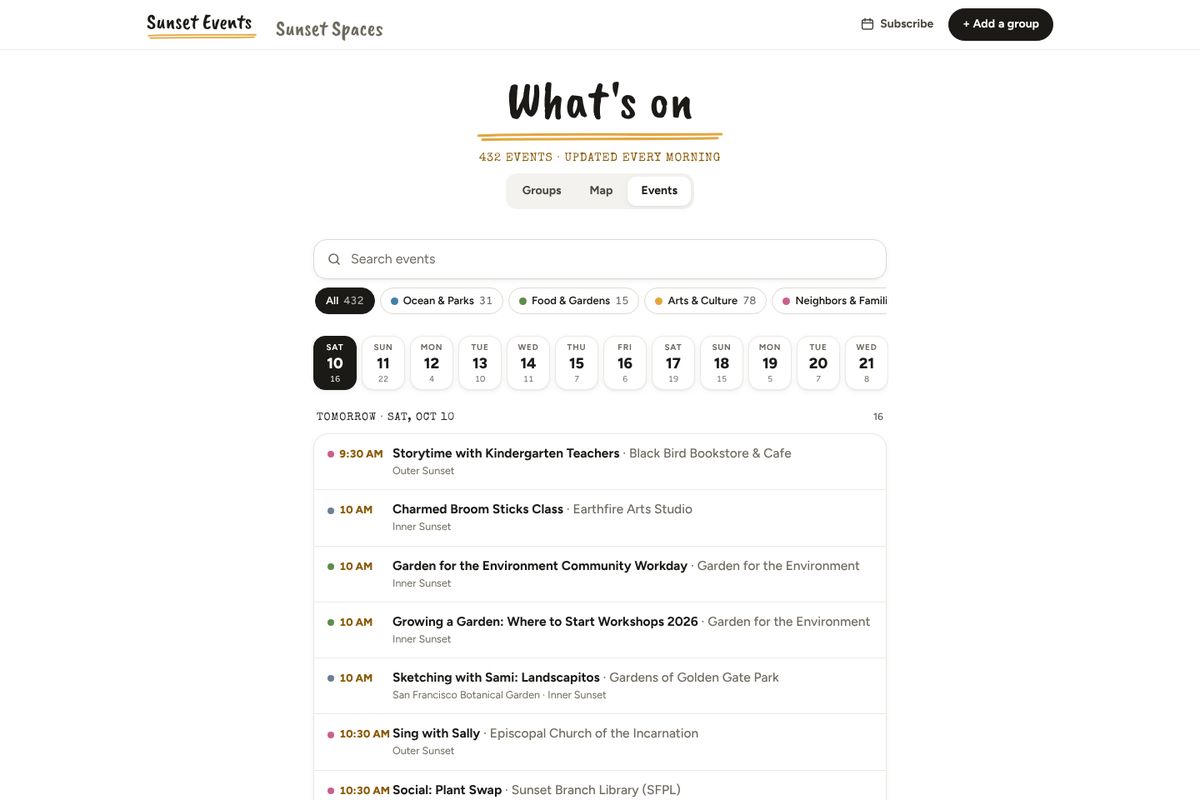 Sunset Events: the What's on list, with day tabs and category chips above the day's events
