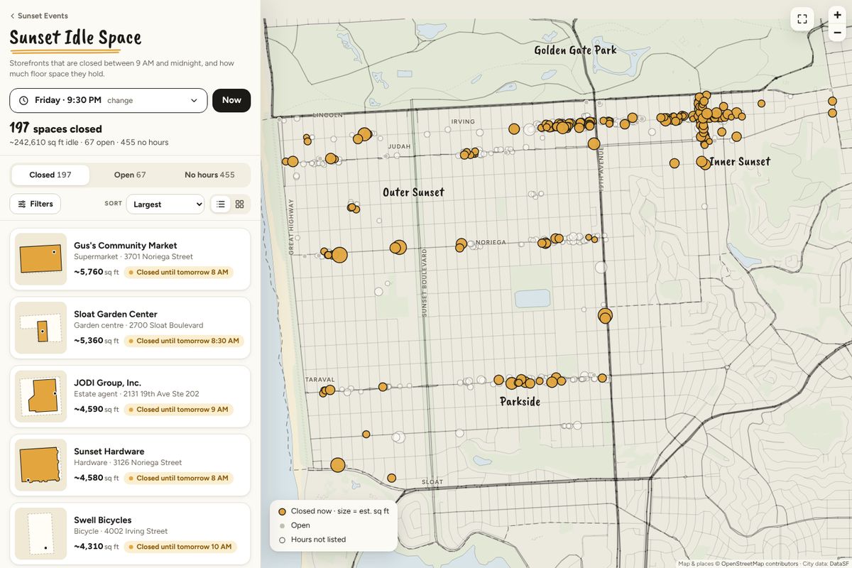 Sunset Idle Space: a map of the Sunset with closed storefronts as mustard dots sized by floor space, beside a list of the largest
