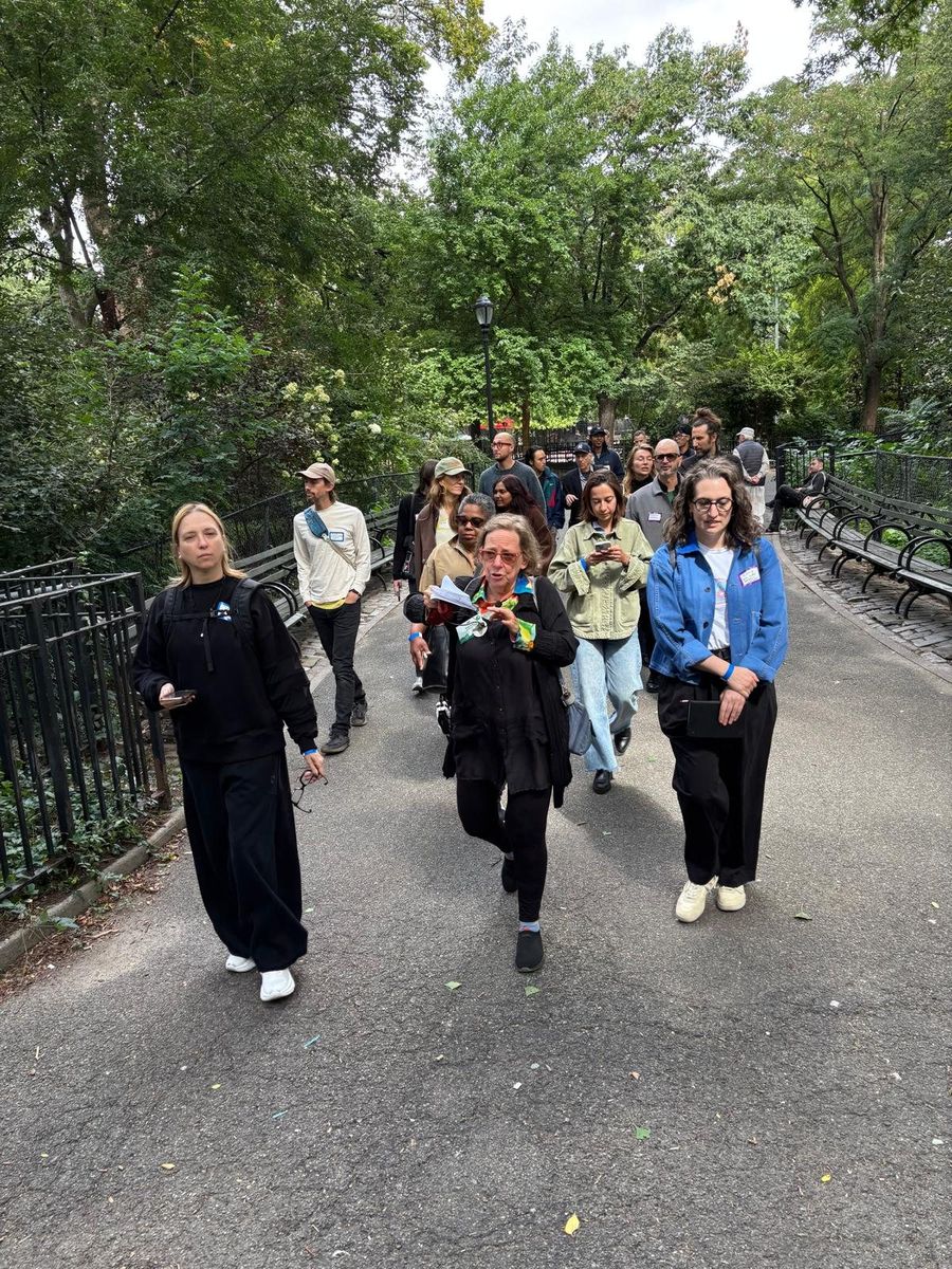 The walk heading up a tree-lined block, Wendy Brawer and the group mid-stride.