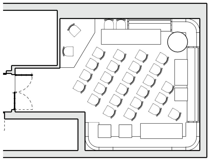 Theatre layout: rows of chairs facing the front of the room