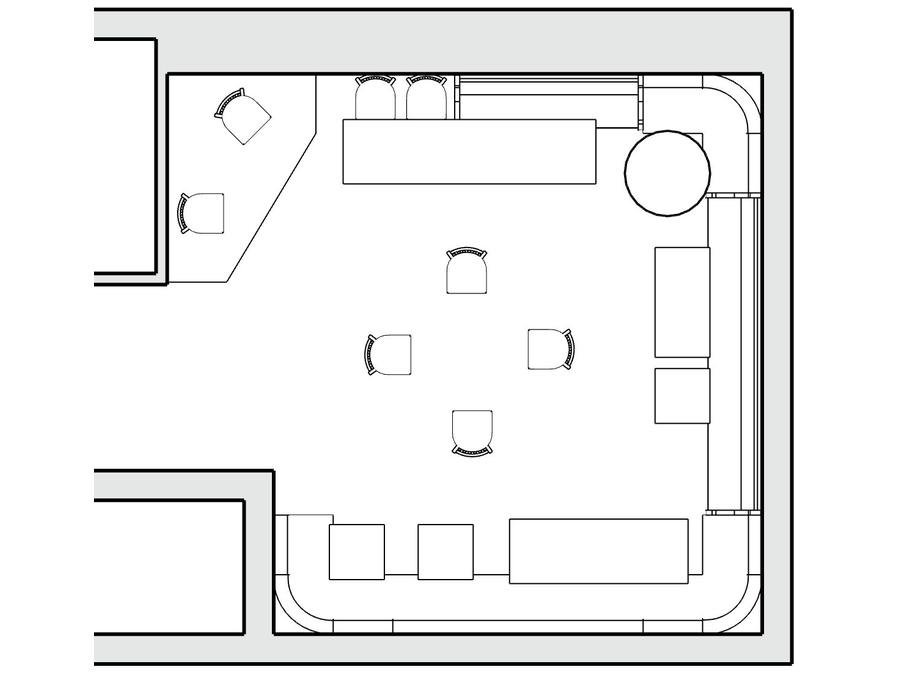 Fishbowl layout: a few chairs in the center with seating around the edges