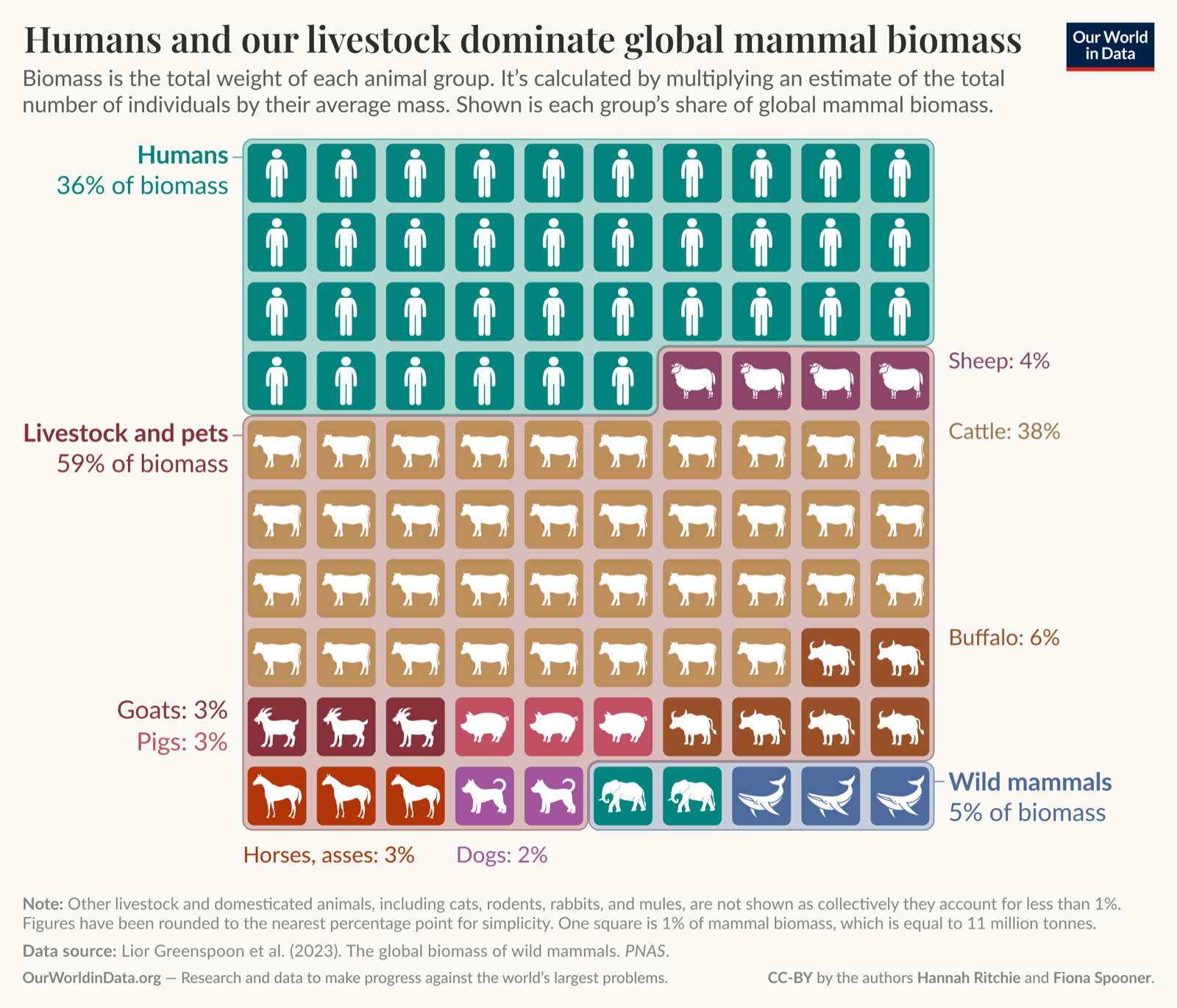 Grid chart where each square is one percent of global mammal biomass: humans and livestock fill nearly all squares, wild mammals only a few